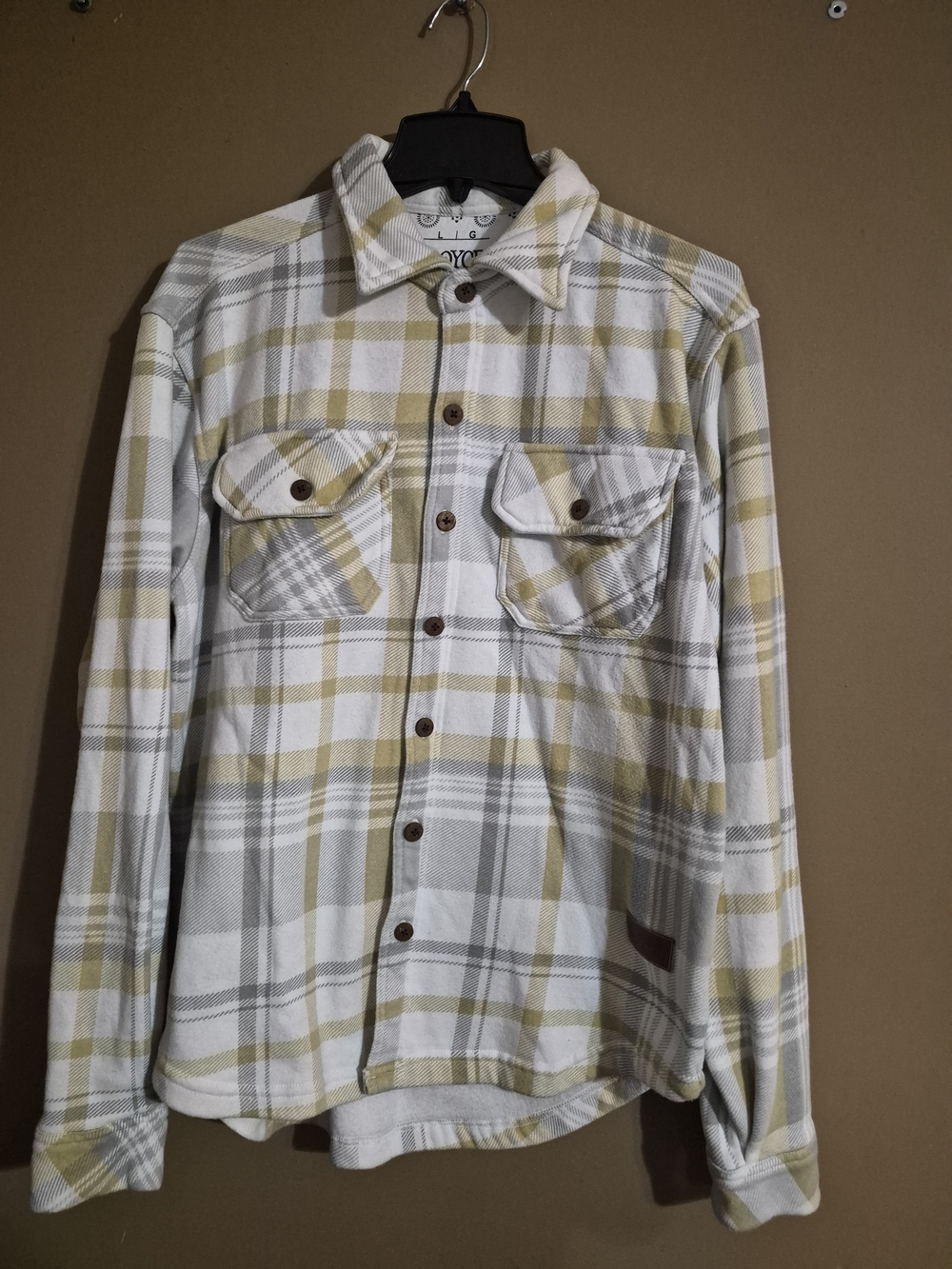 Men's Plaid Button-Up Flannel Shirt in White, Gray & Mustard * Large * Preowned